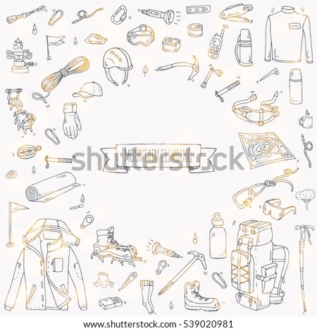 Hand drawn doodle Mountain Climbing icons set. Vector illustration. Mountaineering equipment collection. Cartoon sketch elements for trekking, hiking, tourism, expedition, camping, outdoor recreation.