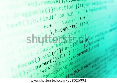 Desktop PC monitor photo. WWW software development. Big data database app. Programming code typing. Server logs analysis. Programming code abstract screen of software developer. 
