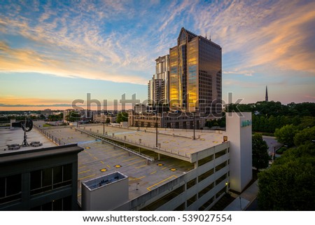 Sunset over buildings in Uptown Charlotte, North Carolina.