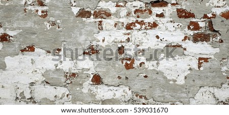 Empty Old Brick Wall Texture. Painted Distressed Wall Surface. Grungy Wide Brickwall. Grunge Red Stonewall Background. Shabby Building Facade With Damaged Plaster.  Abstract Web Banner. Copy Space.