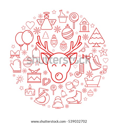 deer head and Christmas element icons on white background
