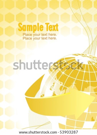 abstract yellow stripes background with curve arrow, globe
