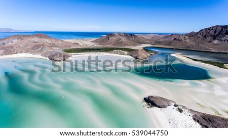 Aerial views from Balandra beach, Baja California Sur, Mexico. Royalty-Free Stock Photo #539044750