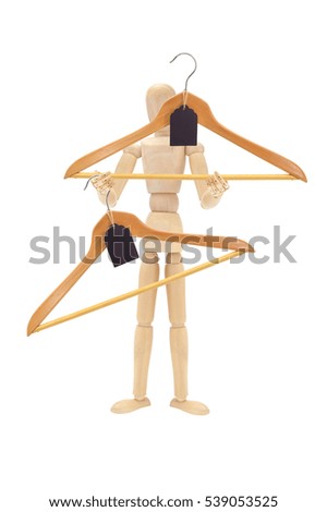 Blank Tag on Wood Hanger Dressmaker Seamstress Mannequin isolated on white background