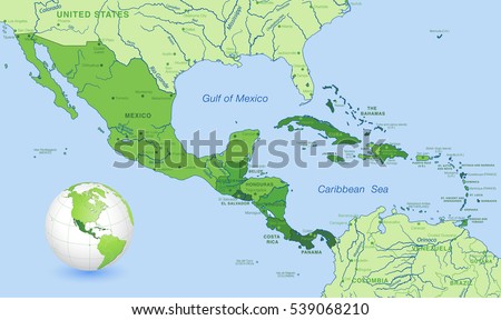 High detail map of Central america, with a 3D Globe centered on these countries.
