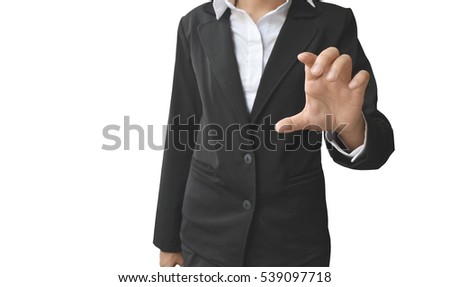 Business woman with hand showing blank sign isolated on white background. This picture has clipping path for easy to use.