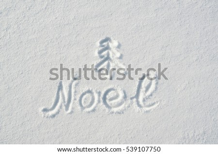 Noel letters, twig tree mark handdrawn on flat snow surface. Nice christmas holiday square postcard, greeting card.