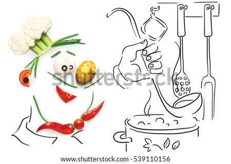 Creative food concept of a funny cartoon chef, made of vegetables, cooking  a soup on sketchy background. 