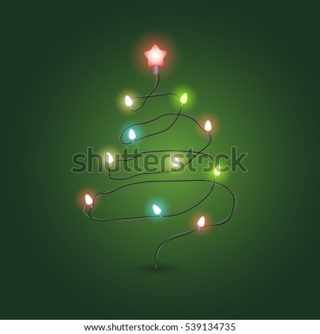 Christmas Greeting card vector template. Abstract christmas tree with lightbulbs
