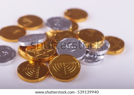 Image of jewish holiday Hanukkah with chocolate coins