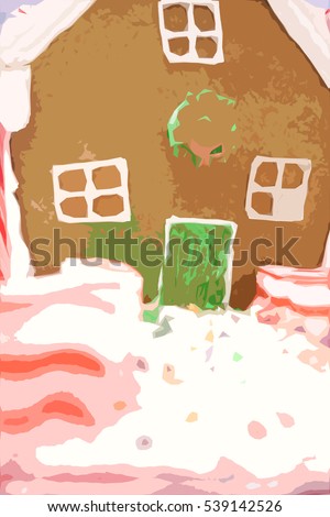 Close up of the walkway and front door of a gingerbread house with white icing and candy, photo illustration paint by number filter effect.