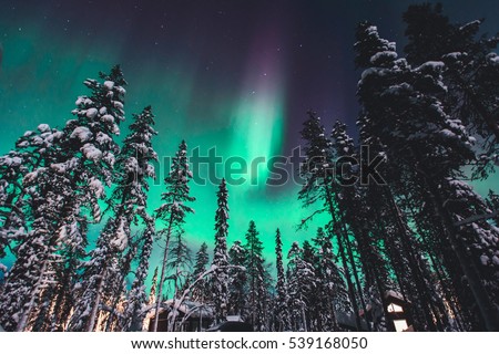 Beautiful picture of massive multicolored green vibrant Aurora Borealis, Aurora Polaris, also know as Northern Lights in the night sky over winter Lapland landscape, Norway, Scandinavia
 Royalty-Free Stock Photo #539168050