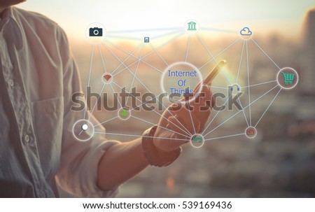 internet of things concept,business man using a touch screen smart phone hands in sunset sky on blurred urban city as background, vintage colors