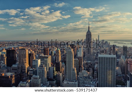 Manhattan skyline at sunset in New York City