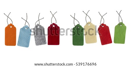Gift tags isolated on white background. Sale labels. Price tags. Special offer and promotion. Store discount. Shopping time. Label from different color felt.