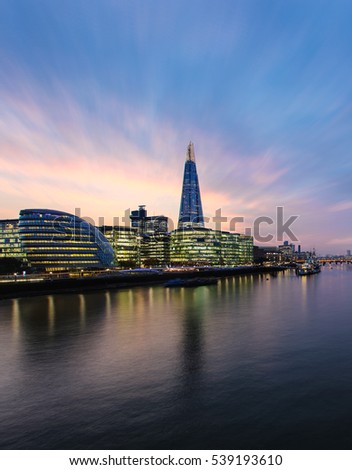 London skyline at sunset.