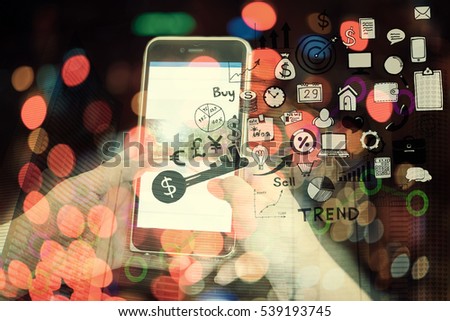 Businessman showing smartphone with globe and icon application. Online business concept.