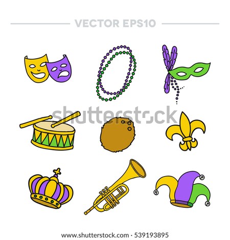 doodle icon. Mardi Gras traditional symbols. vector illustration