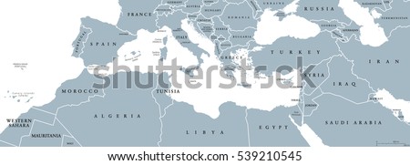 Mediterranean Basin political map. Mediterranean region, also Mediterranea. Lands around Mediterranean Sea. South Europe, North Africa and Near East. Gray illustration with English labeling. Vector. Royalty-Free Stock Photo #539210545