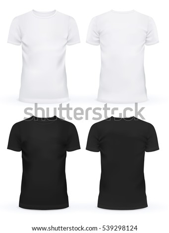 Black and white blank t-shirt clothing design. New sport unisex textile form with u-neck collar for man and woman. Advertising or ads template on cloth and fashion theme