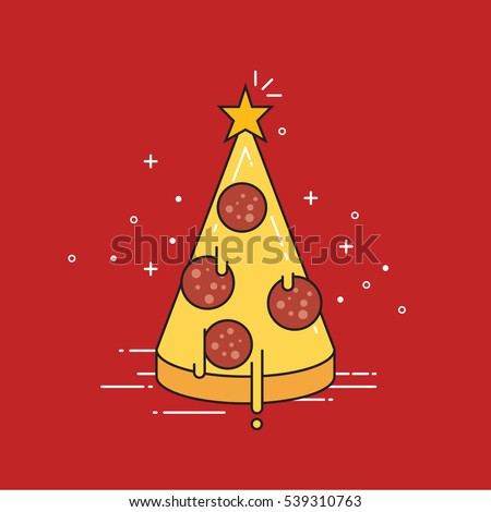 Pizza Christmas tree with star on top. Flat design vector illustration.