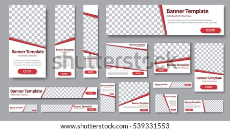 Set of web banners in standard sizes. Templates with place for photo and diagonal stripes and button. Vector illustration Royalty-Free Stock Photo #539331553