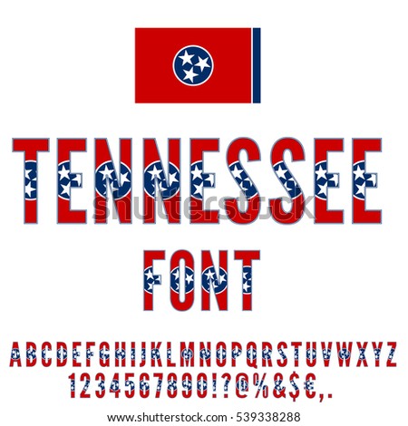Tennessee USA state flag font. Alphabet, numbers and symbols stylized by state flag. Vector typeset