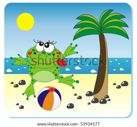vector illustration of frog with the ball on the beach
