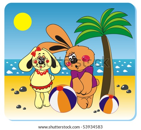 vector illustration of rabbits with the ball on the beach