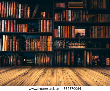 blurred Image many old books on bookshelf in library Royalty-Free Stock Photo #539370064