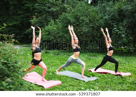 Group of women doing a group fitness workout together outdoor. Exercise, yoga in the park.