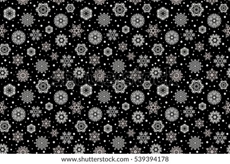 Can be used for textile, parer, scrapbooking, wrapping, web and print design. Winter seamless pattern on a black Background with gray Snowflakes and dots.