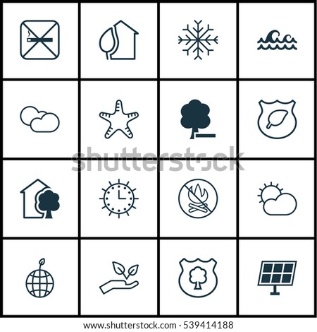Set Of 16 Eco-Friendly Icons. Includes Sun Power, World Ecology, Fire Banned And Other Symbols. Beautiful Design Elements.