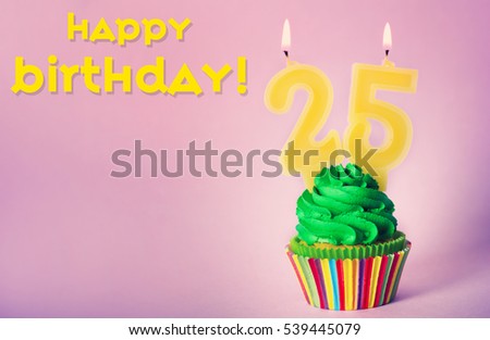 Cupcake with candles and text HAPPY BIRTHDAY on color background