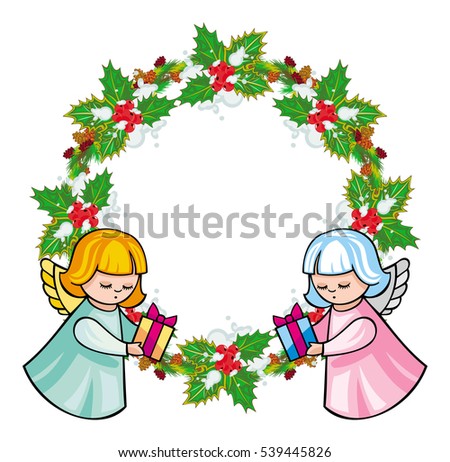 Round holiday garland with ornaments and angels bring presents. Christmas frame with free space for text, photo or picture. Design element for New Year decorations. Raster clip art.