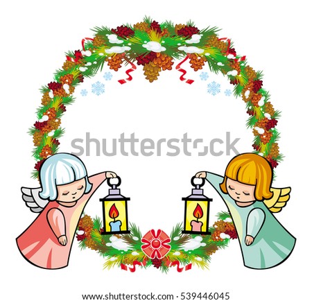 Round holiday garland with ornaments and little flying angel. Christmas frame with free space for text, photo or picture. Design element for New Year decorations. Raster clip art.