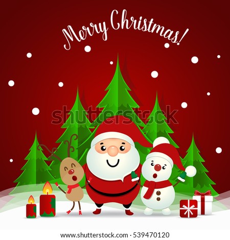 Christmas Greeting Card with Santa Claus ,Snowman and reindeer. Vector illustration