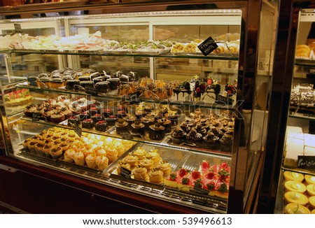 Dessert display case in the Modern Pastry Restaurant in Boston, Massachusetts, USA