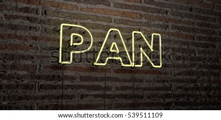 PAN -Realistic Neon Sign on Brick Wall background - 3D rendered royalty free stock image. Can be used for online banner ads and direct mailers.
