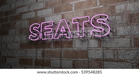 SEATS - Glowing Neon Sign on stonework wall - 3D rendered royalty free stock illustration.  Can be used for online banner ads and direct mailers.
