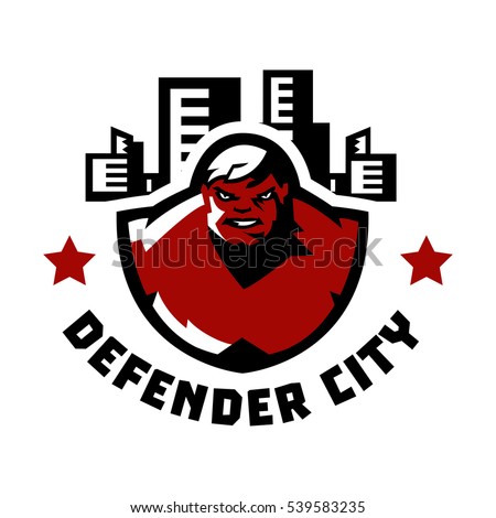 Logo of the city counsel. Superman, monster, big man, big muscles. Logo on superhero defender of order, fight against crime and criminality. The representative of justice. Vector illustration. 