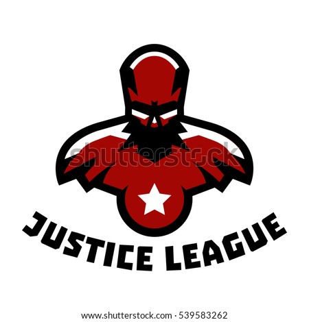 Logo superhero. Superman costume. Justice League. Logo on superhero defender of order, fight against crime and criminality. The representative of justice. Muscular body. Vector illustration. 