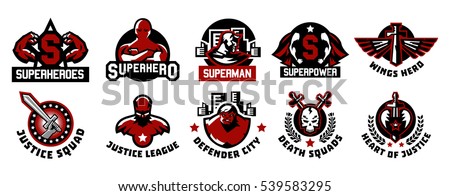 Set of superhero logos. A collection of images of superman. The suit, raincoat, silhouette, image, face, muscles, city, wings, sword, skull, monster, heart. Vector illustration. Flat style 