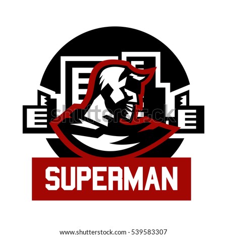 Logo superman. Superhero costume, cape, town. Logo on superhero defender of order, fight against crime and criminality. The representative of justice. Vector illustration. Flat style 