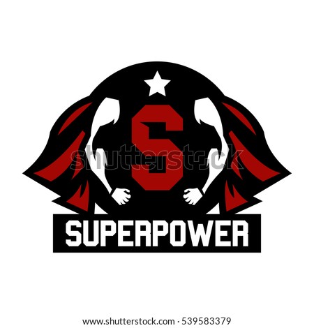 Logo superhero. Cloak superman. Muscular arms. Logo on superhero defender of order, fight against crime and criminality. The representative of justice. Most of the letter in the middle. Star. 
