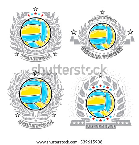 Beach volleyball ball with silver wreath and ribbon isolated on white. Set of sport logo for any team or competition