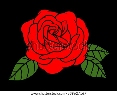 Flower rose, red buds and green leaves. Isolated on black background. Vector illustration.