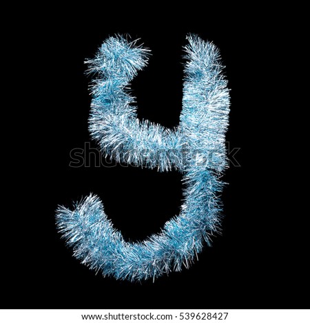 Festive alphabet made of blue tinsel. Letter Y on black background. Isolated