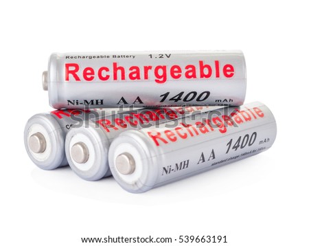 Rechargeable AA batteries isolated on white background. Royalty-Free Stock Photo #539663191