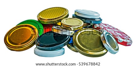 Colorful metallic lids for jars isolated on white background Royalty-Free Stock Photo #539678842